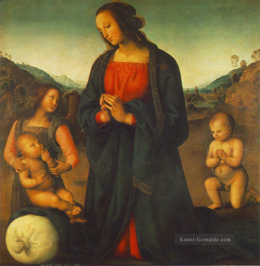 Madonna ein Engel und little St John Adoring das Kind Madonna del Sacco 149515 Renaissance Pietro Perugino Ölgemälde